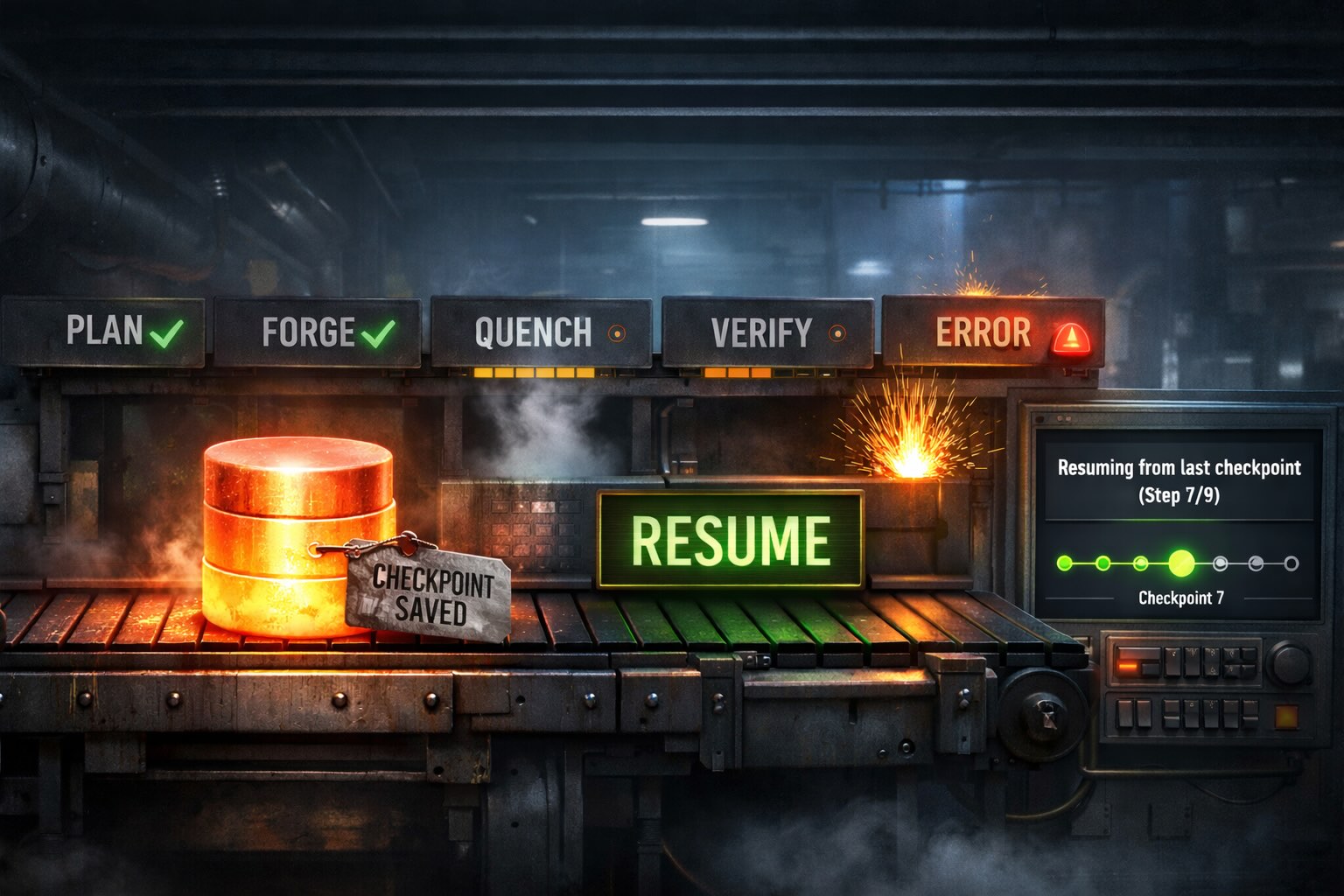 SchemaQuench automated database deployment resuming from a saved checkpoint after a failure.