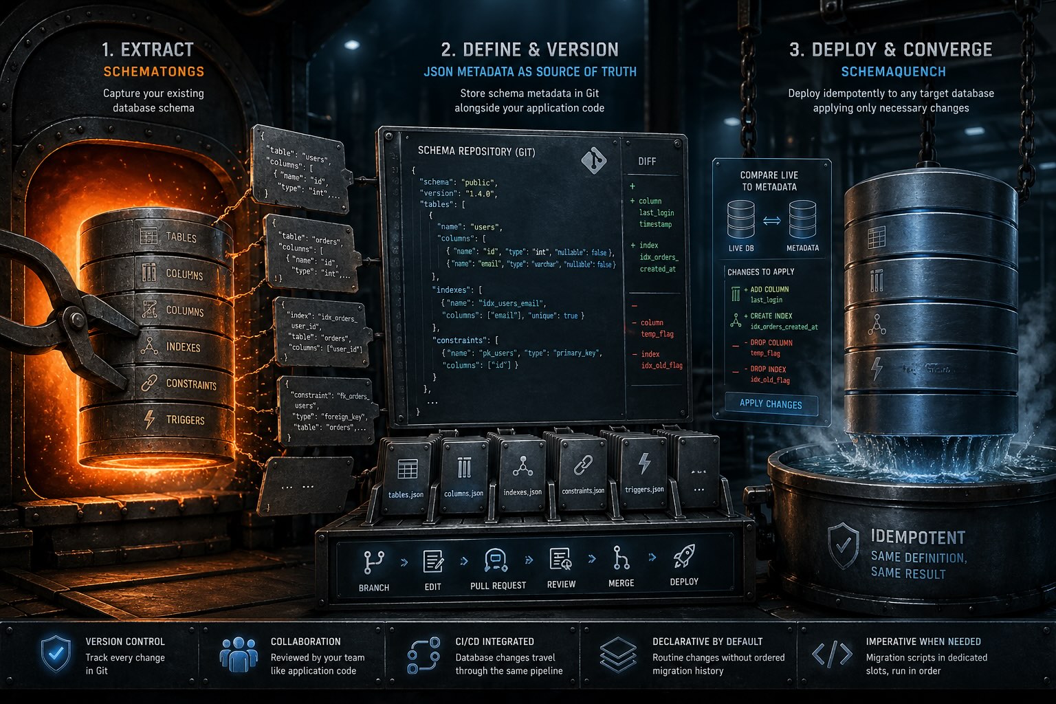 Database schema definitions stored as code, version-controlled in Git for review and CI/CD deployment