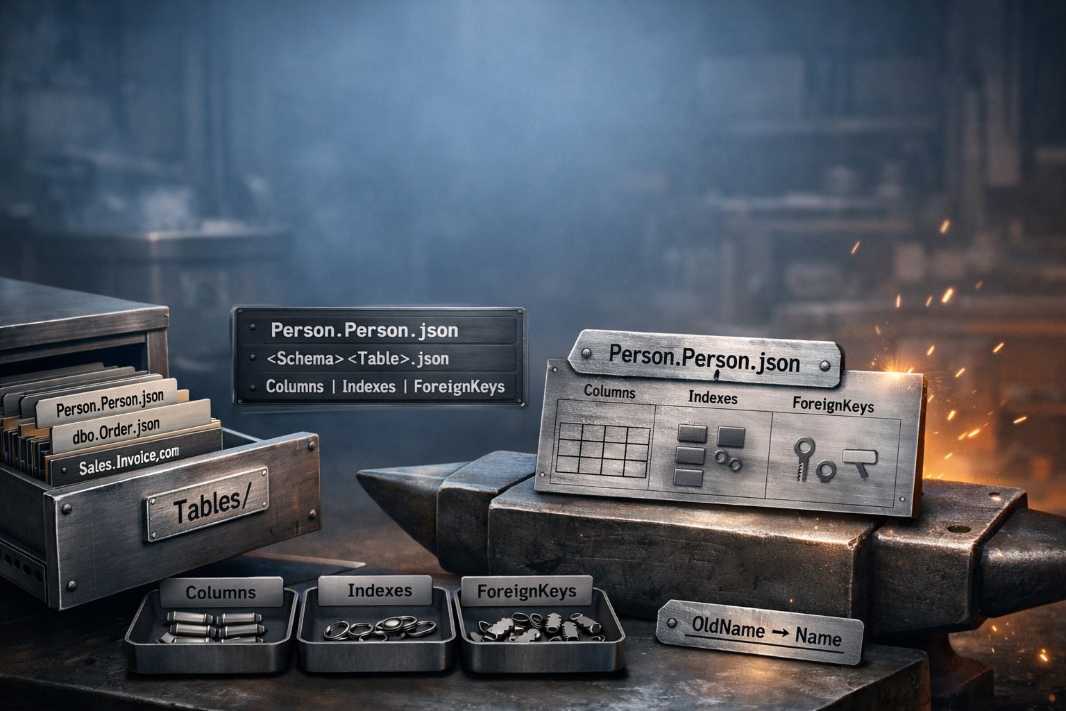Blacksmith forge with table JSON files organized in a Tables folder, showing columns, indexes, and foreign keys as metal components