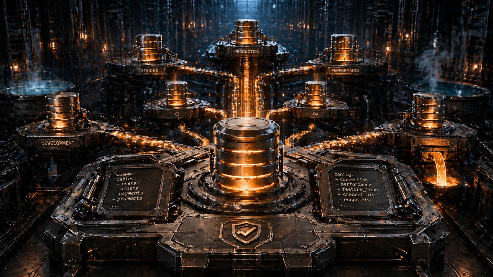 Schema deployments flowing from development through staging to production
